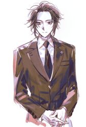 1boy alternate_costume alternate_hair_color closed_mouth collared_shirt commentary_request cropped_torso forehead formal highres jacket korean_commentary long_sleeves male_focus monochrome mutsushika_misumi necktie own_hands_together saibou_shinkyoku sengwaa shirt short_hair simple_background sketch smile solo suit_jacket white_background 