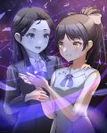  2girls bangs birthday black_hair blush breasts clenched_teeth commentary_request crying crying_with_eyes_open eyebrows_visible_through_hair feathers hair_ribbon half_updo hazuki_hana hazuki_ren high_ponytail highres long_hair love_live! love_live!_superstar!! mother_and_daughter multiple_girls notinversion ponytail ribbon school_uniform shiny shiny_hair small_breasts spirit star_(symbol) tears teeth time_paradox upper_body wish_song yellow_eyes younger yuigaoka_school_uniform 
