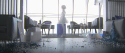 1girl amazon_(company) armchair boots box_stack bracer chair closed_mouth commentary day dirt dress expressionless frilled_dress frills from_side full_body grey_footwear hashtag-only_commentary highres holding holding_suitcase indoors juliet_sleeves lamp long_sleeves original pillow plant potted_plant puffy_sleeves reoen short_dress short_hair solo standing suitcase table thigh-highs white_dress white_eyes white_hair white_thighhighs window 