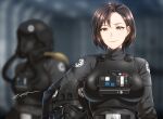  2girls artist_name belt blurry breasts breathing_tube brown_eyes brown_hair cowboy_shot depth_of_field headwear_removed helmet helmet_removed holding holding_helmet interior large_breasts looking_at_viewer multiple_girls pilot_suit ship_interior short_hair smile star_wars zxpfer 