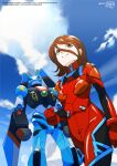  1girl blue_sky bodysuit breasts brown_eyes brown_hair clouds commentary eyebrows_visible_through_hair hair_between_eyes highres mecha medium_hair monica_(turma_da_monica) mttscz neon_genesis_evangelion parody plugsuit portuguese_commentary red_bodysuit sansao_(turma_da_monica) sky small_breasts smile standing turma_da_monica 