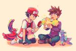  2boys ? bangs baseball_cap blue_oak boots brown_hair commentary_request hat holding holding_pokemon itome_(funori1) jacket male_focus multiple_boys open_mouth oricorio oricorio_(baile) oricorio_(pa&#039;u) oricorio_(pom-pom) oricorio_(sensu) pants pokedex pokemon pokemon_(creature) pokemon_(game) pokemon_rgby purple_shirt red_(pokemon) red_headwear shirt shoes short_hair short_sleeves sitting spiky_hair tongue 