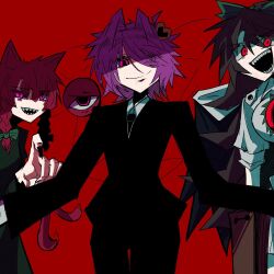  3girls 3rdeye_suki alternate_costume animal_ears arm_cannon black_jacket black_pants bow cat_ears cat_girl commentary_request fingernails formal green_bow hair_bow hair_intakes hair_over_one_eye highres jacket kaenbyou_rin komeiji_satori long_fingernails long_sleeves looking_at_viewer multiple_girls open_mouth pants red_background red_eyes reiuji_utsuho sharp_teeth simple_background teeth third_eye touhou weapon 