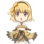  1girl alternate_color bangs belt black_belt black_gloves black_hairband black_pants blonde_hair bow breasts brown_eyes brown_shirt championship_belt chibi clothes_around_waist commentary_request eyebrows_visible_through_hair flame_print foot_wraps full_body gauntlets gloves hair_bow hairband jewelry looking_at_viewer natsuya_(kuttuki) necklace open_mouth pants ragnarok_online sarashi shirt shirt_around_waist short_hair simple_background small_breasts solo sura_(ragnarok_online) v-shaped_eyebrows white_background yellow_bow 