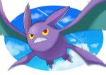  absurdres aki_yamane brown_eyes clouds commentary_request crobat day flapping highres motion_blur no_humans outdoors pokemon pokemon_(creature) signature sky solo teeth 