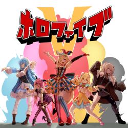  5girls ahoge animal_ears arms_up asymmetrical_horns asymmetrical_legwear beret blonde_hair blue_capelet blue_hair bun_cover capelet commentary_request copyright_name elf explosion fox_ears fox_girl fox_tail fur-trimmed_jacket fur_trim grey_eyes grey_hair hat highres holofive hololive horns jacket jester_cap lion_ears lion_girl lion_tail mano_aloe midriff momosuzu_nene momosuzu_nene_(old_design) multicolored_hair multiple_girls omaru_polka omaru_polka_(1st_costume) parody pointy_ears shishiro_botan shishiro_botan_(1st_costume) sue_(bg-bros) super_sentai tail translated two-tone_hair uneven_horns uneven_legwear virtual_youtuber white_background yukihana_lamy yukihana_lamy_(1st_costume) 