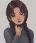  1girl braid brown_hair closed_mouth earrings eyebrows_visible_through_hair fortnite freckles green_eyes grey_sweater highres jewelry jules_(fortnite) long_hair looking_at_viewer piercing playing_with_own_hair simple_background smile solo sweater toisan33 