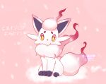  absurdres animal_focus artist_name bright_pupils character_name fluffy full_body fur_collar half-closed_eyes highres hisuian_zorua kryztar looking_at_viewer no_humans orange_eyes pink_background pokemon pokemon_(creature) signature simple_background sitting snow snowing solo translation_request white_pupils 