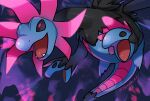  aki_yamane black_eyes blurry commentary_request energy fangs highres hydreigon multiple_heads no_humans open_mouth pokemon pokemon_(creature) signature solo tongue violet_eyes 