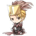  1boy arm_blade armor armored_boots bangs black_bodysuit blonde_hair bodysuit boots brown_eyes brown_feathers cape chibi cigarette closed_mouth commentary_request crown feather_hair_ornament feathers full_body gauntlets guillotine_cross_(ragnarok_online) hair_ornament looking_at_viewer male_focus natsuya_(kuttuki) pauldrons ragnarok_online red_armor red_cape short_hair shoulder_armor simple_background sitting solo waist_cape weapon white_background 