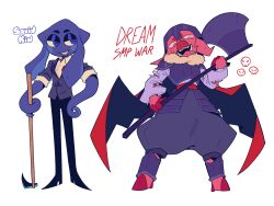  2boys adapted_costume animal_ears armor axe black_pants blue_eyes blue_skin blue_vest breastplate cape character_name collared_shirt colored_skin commentary copyright_name dream_smp english_commentary english_text full_body fur-trimmed_cape fur_trim furry furry_male grey_pants grin half-closed_eyes hand_on_own_hip helmet highres hoe holding holding_axe holding_hoe hooves horizontal_pupils im_a_squid_kid long_sleeves looking_at_viewer looking_down looking_to_the_side male_focus minecraft_youtube monster_boy multiple_boys open_mouth pants pig_boy pig_ears pig_nose pink_fur puffy_pants red_cape red_sash sash scar scar_on_face sharp_teeth shirt simple_background skull sleeves_rolled_up smile squid_boy standing technoblade teeth tentacles torn_clothes torn_shirt tusks vest vivi_(viridescenttemple) waist_sash white_background white_shirt 