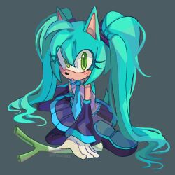  1girl amy_rose animal_ears aqua_hair aqua_necktie boots cosplay detached_sleeves furry furry_female green_background green_eyes hatsune_miku hatsune_miku_(cosplay) hedgehog_girl long_hair looking_at_viewer necktie pleated_skirt pontiikii short_tail simple_background sitting skirt solo sonic_(series) spring_onion tail twintails very_long_hair vocaloid wariza 