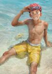  1boy abs absurdres beitemian commentary goggles goggles_on_head highres itadori_yuuji jewelry jujutsu_kaisen looking_at_viewer male_focus necklace sanpaku short_hair sitting smile solo swimsuit topless_male yellow_swimsuit 