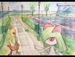  1girl 1other animal_feet animal_hands arm_up beak bird_legs bird_tail blue_sky body_fur bush claws closed_mouth colored_skin combusken commentary_request day dot_mouth from_behind full_body furry grass green_hair gulpin hair_over_one_eye hands_on_own_hips in-universe_location keishi_(pixiv_1245064) kirlia lamppost letterboxed looking_at_viewer looking_back mauville_city medium_hair one_eye_covered orange_eyes orange_fur outdoors painting_(medium) path pointing pokemon pokemon_(creature) railing red_eyes road short_tail sidelocks sky standing tail traditional_media tree two-tone_fur upper_body watercolor_(medium) white_skin yellow_fur 