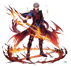  1boy armor black_hair black_haori closed_mouth commentary_request creto_(ta_ga_tame_no_alchemist) cuisses flaming_sword flaming_weapon full_body greaves grey_hair haori holding holding_sword holding_weapon japanese_armor japanese_clothes katana looking_at_viewer male_focus multicolored_hair official_art pants poleyn sabaton shibuhiko shoulder_armor simple_background solo standing streaked_hair sword ta_ga_tame_no_alchemist transparent_background weapon yellow_eyes 