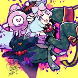  1girl :d bare_shoulders bow-shaped_hair character_hair_ornament commentary_request detached_sleeves dress flutter_mane green_dress hair_ornament happy hat iono_(fall_2024)_(pokemon) iono_(pokemon) leg_up multicolored_hair official_alternate_costume open_mouth pantyhose pink_hair pokemon pokemon_(creature) pokemon_masters_ex sagemaru-br sharp_teeth signature sleeves_past_fingers sleeves_past_wrists smile teeth two-tone_hair violet_eyes yellow_background 