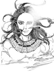  1boy earrings egyptian_clothes ennead eyeliner feather_earrings feathers greyscale highres jewelry long_hair ma2 makeup male_focus monochrome screentones seth_(ennead) sketch smirk solo wind 