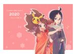  1boy 1girl 2020 :d ahoge alternate_costume bangs black_hair blush border brown_hair character_mask cheren_(pokemon) commentary_request eyelashes fang green_eyes happy_new_year high_ponytail highres hilda_(pokemon) japanese_clothes kimono long_hair mask mask_on_head misha_(ohds101) new_year open_mouth outside_border pikachu pointing pokemon pokemon_(game) pokemon_bw short_hair sidelocks smile tongue white_border 