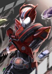  1boy absurdres armor belt drive_driver gloves glowing glowing_eyes helmet highres kamen_rider kamen_rider_(1st_series) kamen_rider_drive kamen_rider_drive_(series) male_focus mask multiple_boys red_armor rider_belt solo standing tire tokusatsu toy_car type_speed unique_(pixiv12704744) 