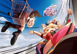  absurdres ahoge animal_ear_fluff animal_ears arm_strap beret black_hair black_jacket blonde_hair blue_bow blue_coat blue_hair blue_sky bow clouds coat commentary_request day fox_ears fox_girl fur-trimmed_jacket fur_trim gloves grey_hair hair_bow hat heart heart-shaped_pupils heart_ahoge highres hololive in_shopping_cart jacket jester_cap lion_ears lion_girl long_hair midair momosuzu_nene momosuzu_nene_(1st_costume) motion_lines nepolabo omaru_polka omaru_polka_(1st_costume) open_mouth orange_shirt orange_skirt outdoors pink_hair pink_thighhighs shirt shishiro_botan shishiro_botan_(1st_costume) shoes shopping_cart single_glove skirt sky smile sue_(bg-bros) symbol-shaped_pupils thigh-highs tilted_headwear violet_eyes virtual_youtuber white_hat white_shirt wrist_cuffs yellow_eyes yukihana_lamy yukihana_lamy_(1st_costume) 