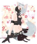  1girl animal_ears back bare_back covered_mouth fortnite fox_ears fox_tail from_behind hapishapiri highres hush_(fortnite) looking_at_viewer mask mouth_mask red_eyes short_hair silver_hair simple_background solo tail vest 