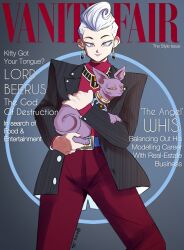  1boy amiz06-certified-b1mb0 animal animalization beerus blue_hair cat colored_skin cover dragon_ball dragon_ball_z formal highres holding holding_animal looking_at_viewer magazine_cover person_and_animalization purple_skin smile solo suit whis 