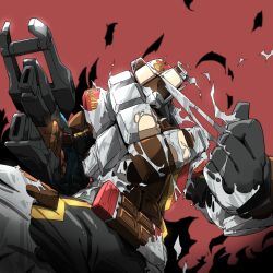  1boy armor bodysuit brown_armor chocodon_(white_chocolate) chocolate full_armor gloves gun highres holding holding_gun holding_weapon kamen_rider kamen_rider_gavv_(series) kamen_rider_valen male_focus naitsupic red_armor ripping solo tokusatsu weapon 