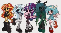  5girls :d aqua_eyes aqua_hair arm_up black_footwear black_hat black_jacket black_pantyhose black_ribbon black_shorts black_skin blonde_hair blue_dress blue_hair blue_shirt blue_skin boots bow_hairband character_request closed_mouth colored_sclera colored_skin crown curly_hair dot_nose dress eyeshadow freckles full_body green_eyes green_eyeshadow green_sclera green_shirt green_skirt grey_background hair_between_eyes hair_ornament hairband hands_on_own_hips hat high_ponytail highres jacket jwnn knee_boots long_hair long_sleeves looking_at_viewer makeup mary_janes medium_hair miniskirt multicolored_hair multiple_girls my_little_pony my_little_pony:_equestria_girls my_little_pony:_friendship_is_magic neck_ribbon necktie open_clothes open_jacket open_mouth orange_eyes orange_footwear pants pantyhose pink_skin pink_skirt pleated_skirt ponytail purple_hair purple_necktie queen_chrysalis raised_eyebrow redhead ribbon shirt shoes short_shorts short_sleeves shorts simple_background skirt smile socks standing standing_on_one_leg star_(symbol) star_hair_ornament starlight_glimmer starlight_glimmer_(equestria_girls) streaked_hair sunset_shimmer sunset_shimmer_(human) teeth trixie_lulamoon trixie_lulamoon_(equestria_girls) two-tone_hair unicorn_girl unicorn_horn upper_teeth_only v-shaped_eyebrows very_long_hair vest violet_eyes white_hair white_hairband white_pants white_shirt white_socks white_vest wings 