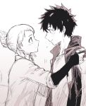  1boy 1girl blush boku_no_hero_academia couple eye_contact greyscale hand_on_shoulder hetero highres imminent_kiss jacket looking_at_another mashiro_haneda midoriya_izuku monochrome smile tied_hair uraraka_ochako 