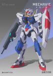  blue_eyes character_name commission english_commentary gun gundam gundam_00 harryych highres holding holding_gun holding_shield holding_weapon looking_down mecha mobile_suit no_humans original science_fiction shield solo standing twitter_username v-fin weapon 
