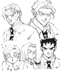  1girl 3boys black_eyes black_hair diamond_wa_kudakenai furrowed_brow hand_on_own_face highres jojo_no_kimyou_na_bouken kawajiri_hayato kawajiri_kosaku kawajiri_shinobu kira_yoshikage monochrome multiple_boys necktie ngvhop open_mouth short_hair smile stand_(jojo) stray_cat_(jojo) suit sweat toriyama_akira_(style) 