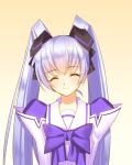  1girl ^_^ bangs blush bow closed_eyes eyebrows_visible_through_hair hakuryou_high_school_uniform head_tilt juliet_sleeves long_hair long_sleeves muvluv portrait puffy_sleeves purple_bow sailor_collar school_uniform silver_hair smile solo twintails yangsion yashiro_kasumi yellow_background 