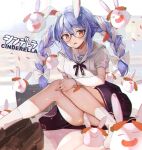  1girl absurdres animal_ear_fluff animal_ears bangs blue_hair blush bow bowtie braid brown_bow brown_bowtie brown_footwear brown_skirt cinderella_(vocaloid) commentary_request eyebrows_visible_through_hair frown glasses hair_between_eyes hair_bow haruhina_purple highres hololive knees_together_feet_apart loafers looking_away multicolored_hair nousagi_(usada_pekora) puffy_short_sleeves puffy_sleeves rabbit_ears red_eyes sailor_collar shirt shoes shoes_removed short_eyebrows short_sleeves sidelocks sideways_glance sitting skirt socks solo thick_eyebrows twin_braids twintails two-tone_hair usada_pekora virtual_youtuber white_bow white_hair white_legwear white_sailor_collar white_shirt 