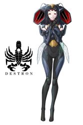1girl arthropod_girl black_hair bodysuit cable cicada_girl commentary cyborg eidenjyou1997 elbow_gloves english_commentary full_body genderswap genderswap_(mtf) gloves heater_zemi highres insect_wings kaijin kamen_rider kamen_rider_v3_(series) logo medium_hair monster_girl own_hands_together red_eyes simple_background smile solo standing teeth white_background wings