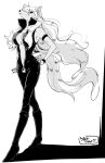  1girl bodysuit boots breasts character_name commentary_request full_body furry furry_female genderswap genderswap_(mtf) greyscale hand_on_hip highres large_breasts looking_at_viewer mitsuki_(mitsukitei) monochrome precure smile smile_precure! solo werewolf white_background wolfrun 