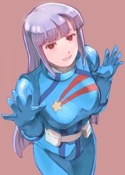  1girl absurdres belt blue_bodysuit bodysuit breasts brown_background cowboy_shot gundam gundam_zz highres k_katora long_hair looking_at_viewer mecha_pilot_suit medium_breasts open_mouth pilot_suit purple_hair red_eyes roux_louka science_fiction simple_background solo star_(symbol) star_print 
