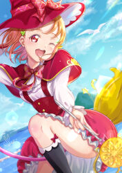 1girl ;d absurdres arm_behind_head arm_up ascot bird black_socks blue_sky blush bow bowtie breasts broom broom_riding capelet clover_hair_ornament commentary_request cosplay dutch_angle feet_out_of_frame frilled_skirt frills hair_ornament hairclip hat hat_bow highres holding holding_wand iroenpitsu_xxx kneehighs long_sleeves looking_at_viewer love_live! love_live!_sunshine!! magic_school_uniform_(mahou_girls_precure!) mahou_girls_precure! medium_breasts miniskirt one_eye_closed open_mouth orange_hair pink_bow pink_bowtie plaid_bow plaid_bowtie plaid_clothes precure red_bow red_capelet red_eyes red_hat red_skirt school_uniform shirt signature skirt sky smile socks solo takami_chika teeth underbust upper_teeth_only wand white_ascot white_shirt witch_hat