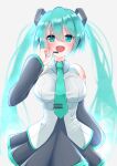  1girl absurdres alternate_breast_size aqua_necktie bangs black_skirt blue_eyes blue_hair blue_nails breasts collared_shirt detached_sleeves eyebrows_visible_through_hair grey_background grey_shirt hair_ornament hairclip hatsune_miku highres jam_(jamjam777) large_breasts necktie open_mouth shirt skirt sleeveless sleeveless_shirt smile solo twintails vocaloid 