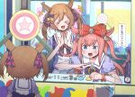  &gt;_&lt; 2girls agnes_digital_(umamusume) animal_ears bow brown_hair clapping commentary_request crane_game hair_bow highres horse_ears horse_girl multiple_girls pink_hair rakugakiraid school_uniform smart_falcon_(umamusume) sweat tracen_school_uniform umamusume 