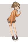  1girl alternate_costume artist_name blush brown_eyes brown_hair brown_legwear eyebrows_visible_through_hair full_body i-401_(kancolle) kantai_collection open_mouth orange_shirt ponytail shirt shoes short_hair signature sneakers socks solo yamashichi_(mtseven) 