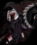  1girl absurdres arknights black_dress blood blood_on_clothes circular_saw crazy_smile dress glowing glowing_eyes highres holding holding_weapon ka_keo nun redhead shaded_face specter_(arknights) teeth weapon white_hair 