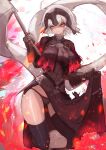  1girl absurdres ahoge armor armored_dress bangs black_legwear black_panties breasts chain collar fate/grand_order fate_(series) faulds fire flag gauntlets headpiece highres jeanne_d&#039;arc_(alter)_(fate) jeanne_d&#039;arc_(fate) large_breasts looking_at_viewer metal_collar panties plackart polearm sayo_(sayomayos) short_hair silver_hair sword thigh-highs underwear weapon yellow_eyes 