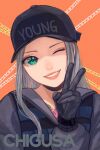  1girl chigusa_(fortnite) choker fortnite gloves green_eyes grey_jacket hat highres jacket long_hair looking_at_viewer open_mouth silver_hair simple_background smile solo tattoo toisan33 v vest 
