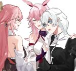  +_+ 3girls 3o_c :d animal_ears bangs bare_shoulders blue_eyes braid braided_ponytail closed_mouth company_connection crossover earrings fox_ears genshin_impact gloves hand_on_own_chin highres honkai_(series) honkai_impact_3rd japanese_clothes jewelry kallen_kaslana long_hair long_sleeves looking_at_another mihoyo_technology_(shanghai)_co._ltd. miko multiple_girls nun open_mouth pink_hair simple_background smile trait_connection white_background white_gloves white_hair white_sleeves yae_(genshin_impact) yae_sakura yae_sakura_(gyakushinn_miko) 
