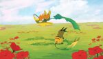  alolan_raichu clouds day feyzi field flower grass highres holding holding_leaf leaf no_humans outdoors pokemon pokemon_(creature) raichu red_flower sky standing 