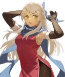  1girl arms_up backlighting bangs bare_shoulders black_gloves black_legwear bloom blue_scarf blurry cowboy_shot depth_of_field dress elbow_gloves fire_emblem fire_emblem:_radiant_dawn gloves hair_ribbon highres leggings light_particles long_hair looking_at_viewer micaiah_(fire_emblem) ribbon scarf side_slit silver_hair simple_background sleeveless sleeveless_dress smile solo teeth upper_body white_background yellow_eyes yuissad 