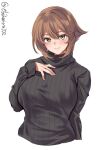  1girl alternate_costume black_sweater blush breasts brown_hair ebifurya eyebrows_visible_through_hair flipped_hair green_eyes hair_between_eyes hand_on_own_chest highres kantai_collection large_breasts lips long_sleeves looking_at_viewer mutsu_(kancolle) one-hour_drawing_challenge ribbed_sweater short_hair simple_background solo sweater turtleneck turtleneck_sweater twitter_username upper_body white_background 