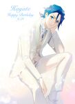  1boy absurdres blue_eyes blue_hair character_name collared_shirt dated formal hair_behind_ear hand_on_own_face happy_birthday hayate_immelmann highres jacket looking_at_viewer macross macross_delta male_focus mosako necktie pants shirt shoes sitting solo suit tied_hair white_footwear white_jacket white_necktie white_pants white_shirt white_suit 