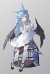  1girl animal_ear_fluff animal_ears asymmetrical_legwear bangs black_wings blue_hair blush brown_footwear brown_legwear closed_mouth commentary cross dress eyebrows_visible_through_hair feathered_wings full_body highres kneehighs long_hair looking_away mishuo_(misuo69421) original pantyhose pantyhose_under_kneehighs quad_tails single_kneehigh single_thighhigh sitting solo steepled_fingers symbol-only_commentary thigh-highs thighhighs_over_pantyhose uneven_legwear violet_eyes white_dress white_legwear wings wrist_cuffs 