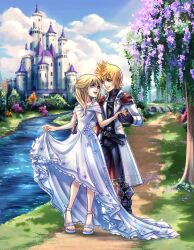  1boy 1girl alternate_costume bare_shoulders black_gloves black_pants blonde_hair blue_eyes blue_sky castle clouds commentary day dress english_commentary formal gloves grass hair_between_eyes highres holding_hands hollypolllyy jacket kingdom_hearts kingdom_hearts_ii long_hair long_sleeves looking_at_another namine nomura_tetsuya_(style) outdoors pants pointy_hair river roxas sandals short_hair skirt_hold sky sleeveless sleeveless_dress toes tree water white_dress white_footwear white_jacket 